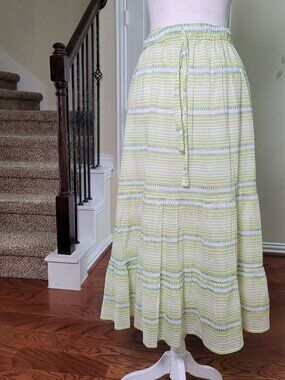 LIVRO Market Skirt Green Women XS Tiered Striped Summer Preppy Casual Workwear